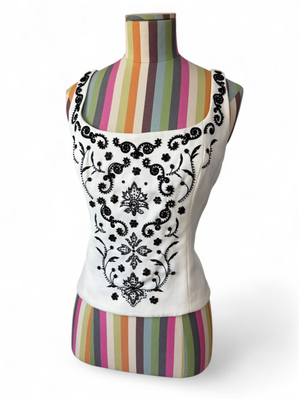 Sandra Darren White Camisole with Black Embroidered Floral Design